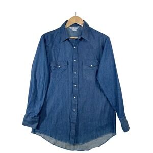 Vintage Dales Mens Blue Denim Western Pearl Snap Long Sleeve Shirt Made in USA L